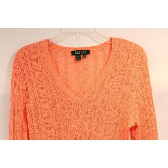 Lauren Ralph Lauren Sweater Womens size M Orange 100% Linen V-Neck Cable Knit - Picture 2 of 6